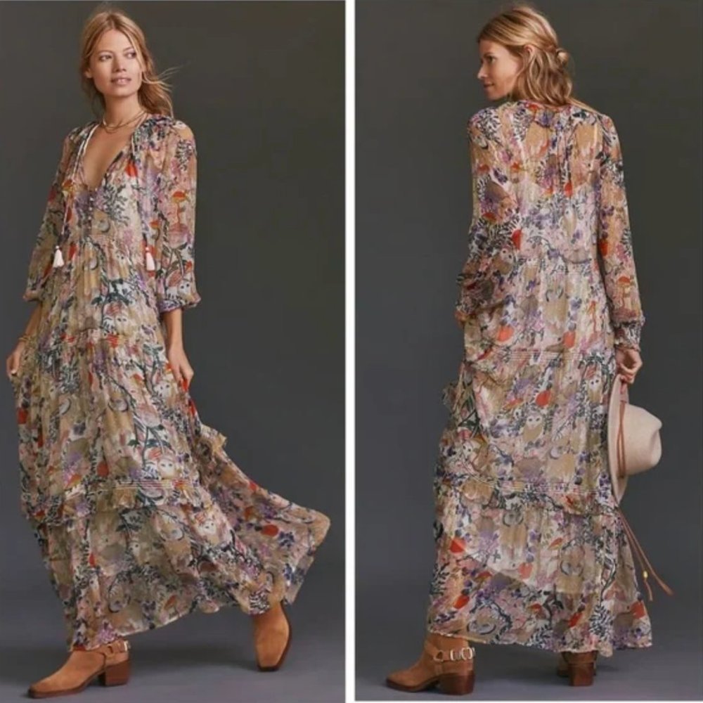 NWT - Anthropologie - The Marais Printed Chiffon Owl & Floral Maxi Dress